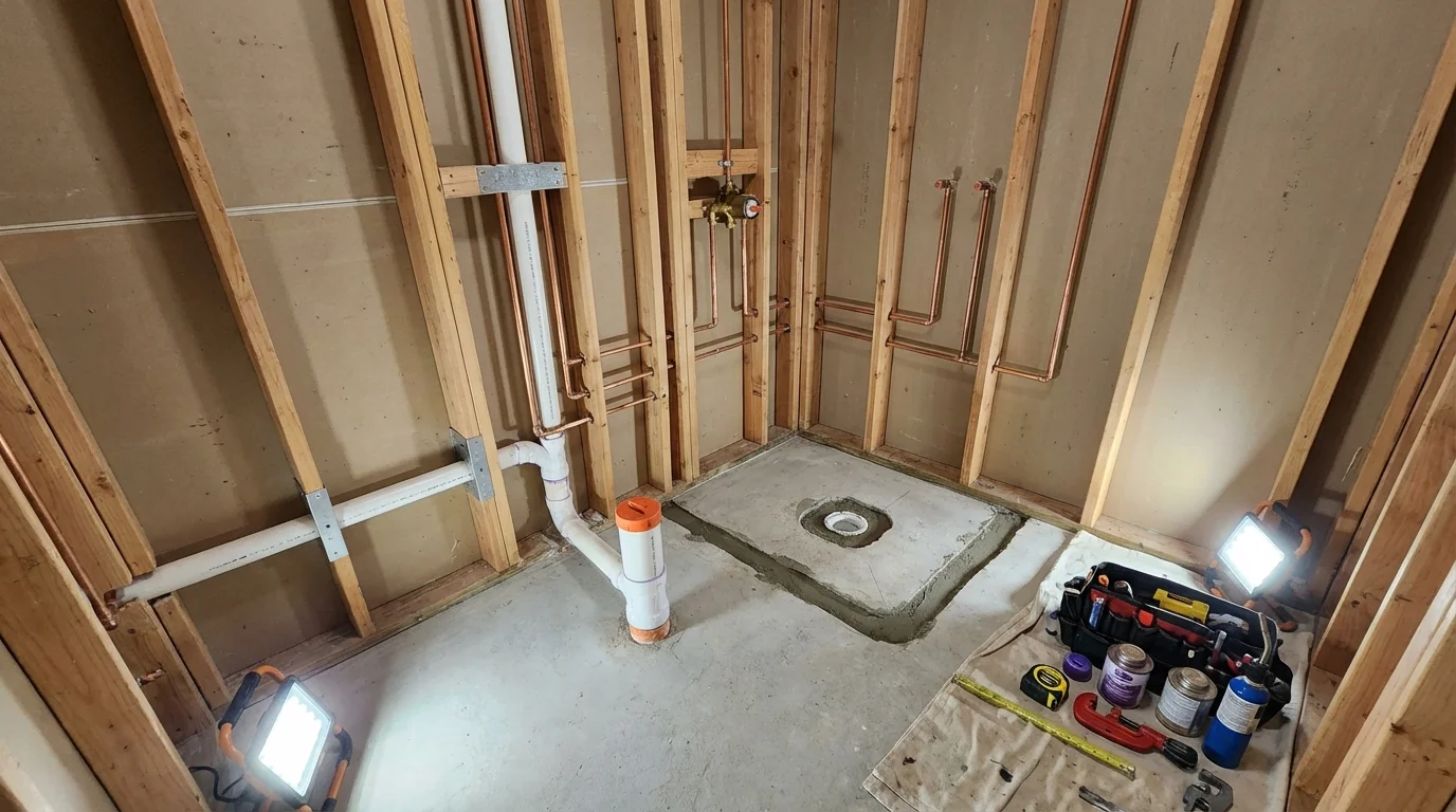 Bathroom rough-in plumbing during remodel by Johns Plumbing LLC in Dowagiac