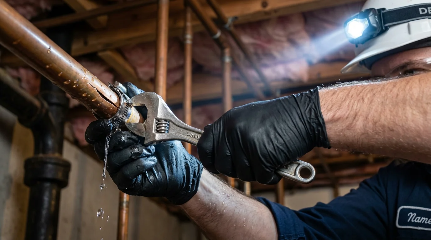 Emergency pipe clamp repair being performed by a Johns Plumbing LLC plumber in Dowagiac