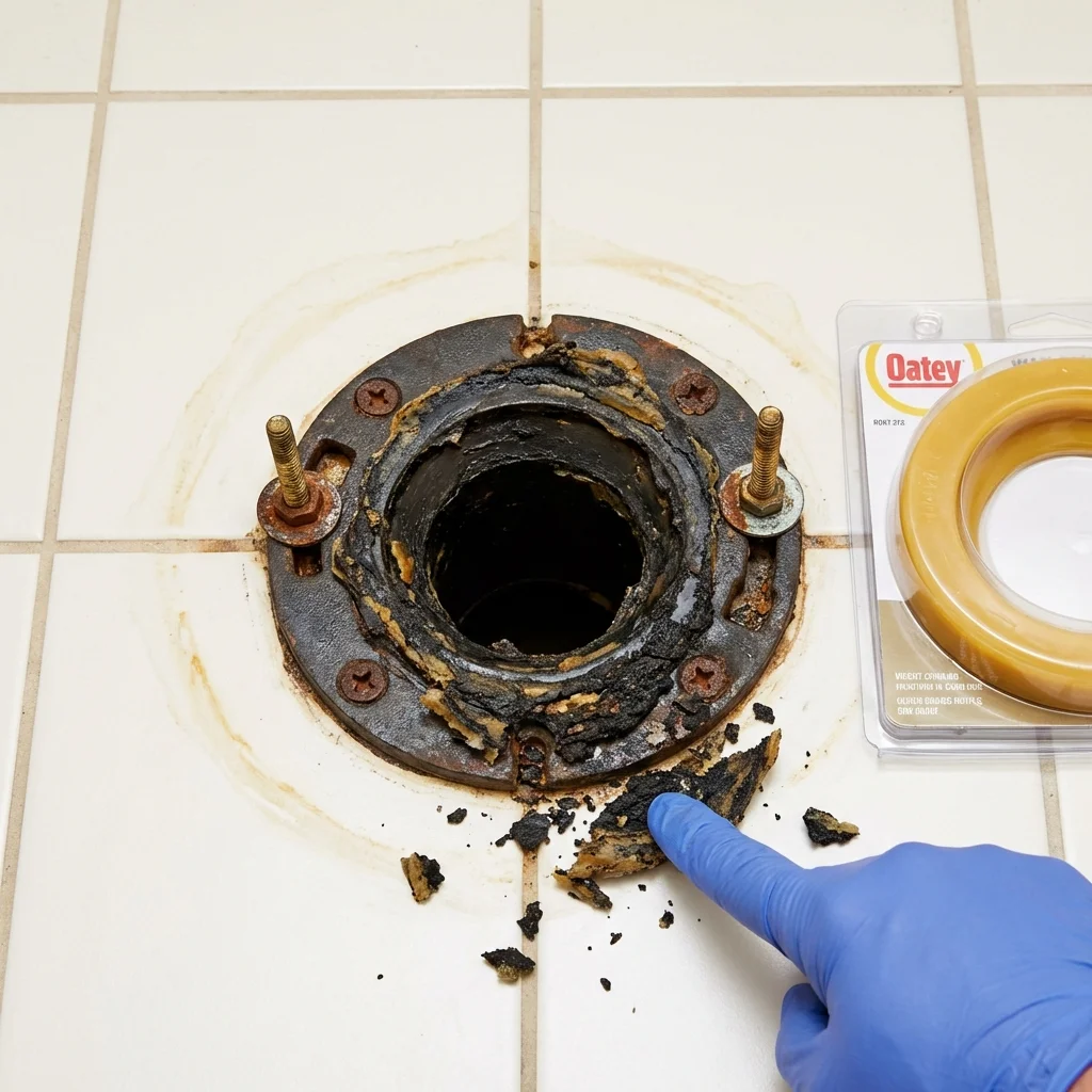 Failed wax ring showing water seepage at the base of a toilet in a Dowagiac, MI home