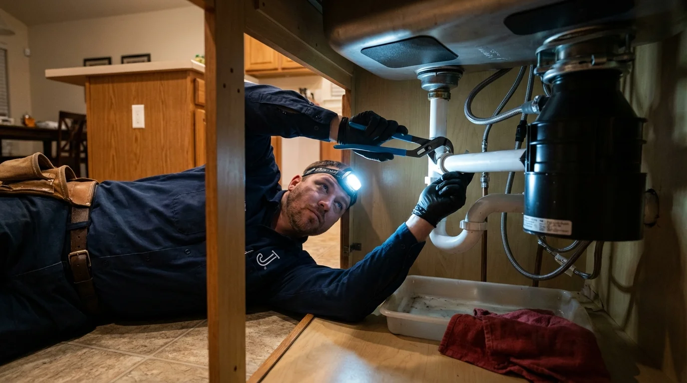 P-trap and supply line connections under a kitchen sink showing a common leak point in Dowagiac, MI